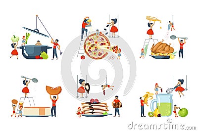 Set of oversize dish and mini people characters family Vector Illustration